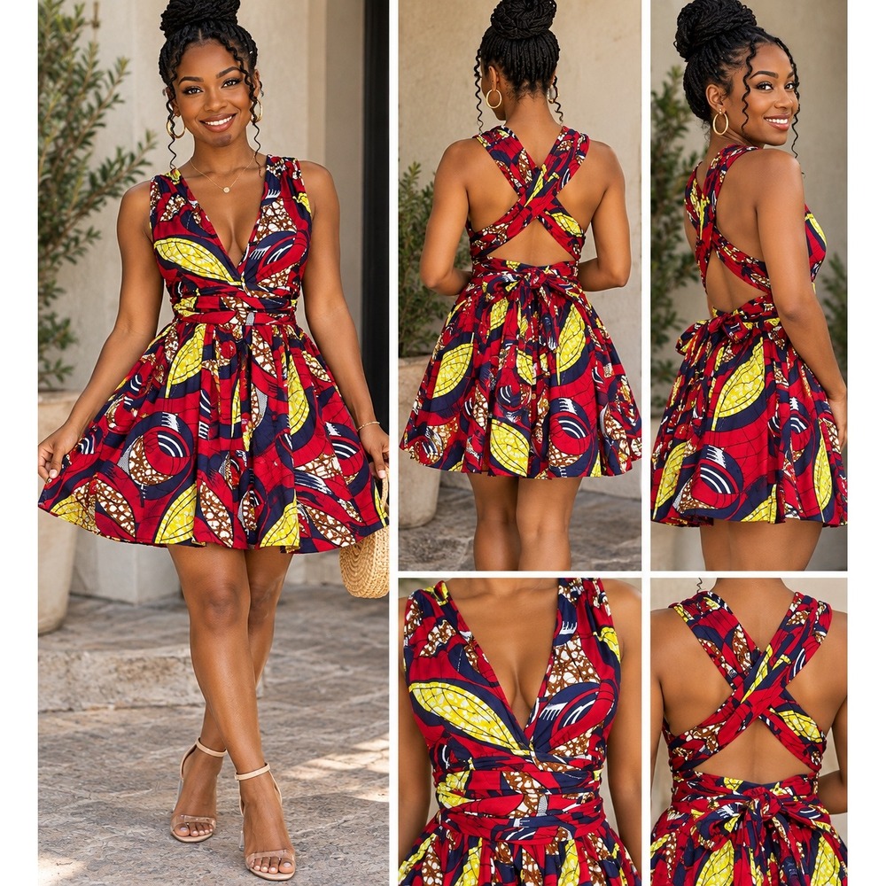 TribalByN African Print Infinity Multiway Wrap Dress Red Yellow Blue S-L